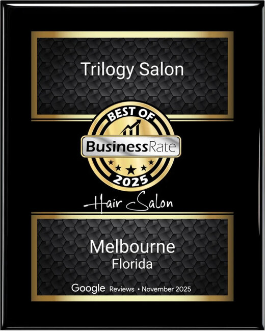 Best of BusinessRate 2025 award plaque: Trilogy Salon, Hair Salon, Melbourne, Florida